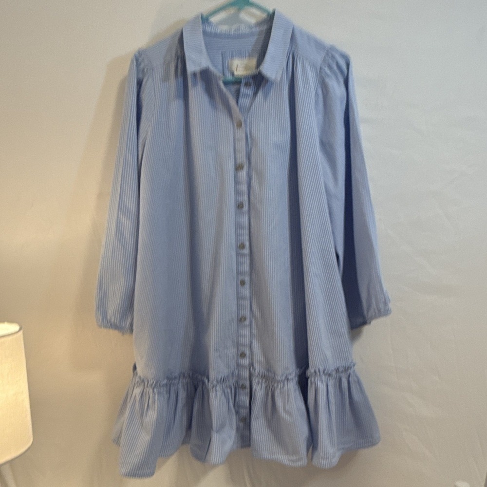 Anthropologie Blue/White Striped Poplin Shirt Dress Ruffle Hem 3/4 Sleeve M